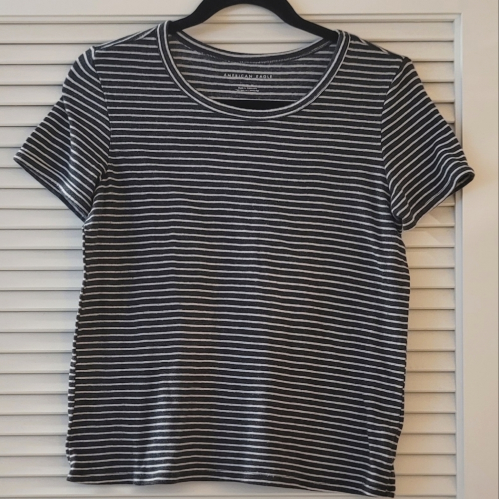 American Eagle - Charcoal Grey & White Striped Short-Sleeve Top